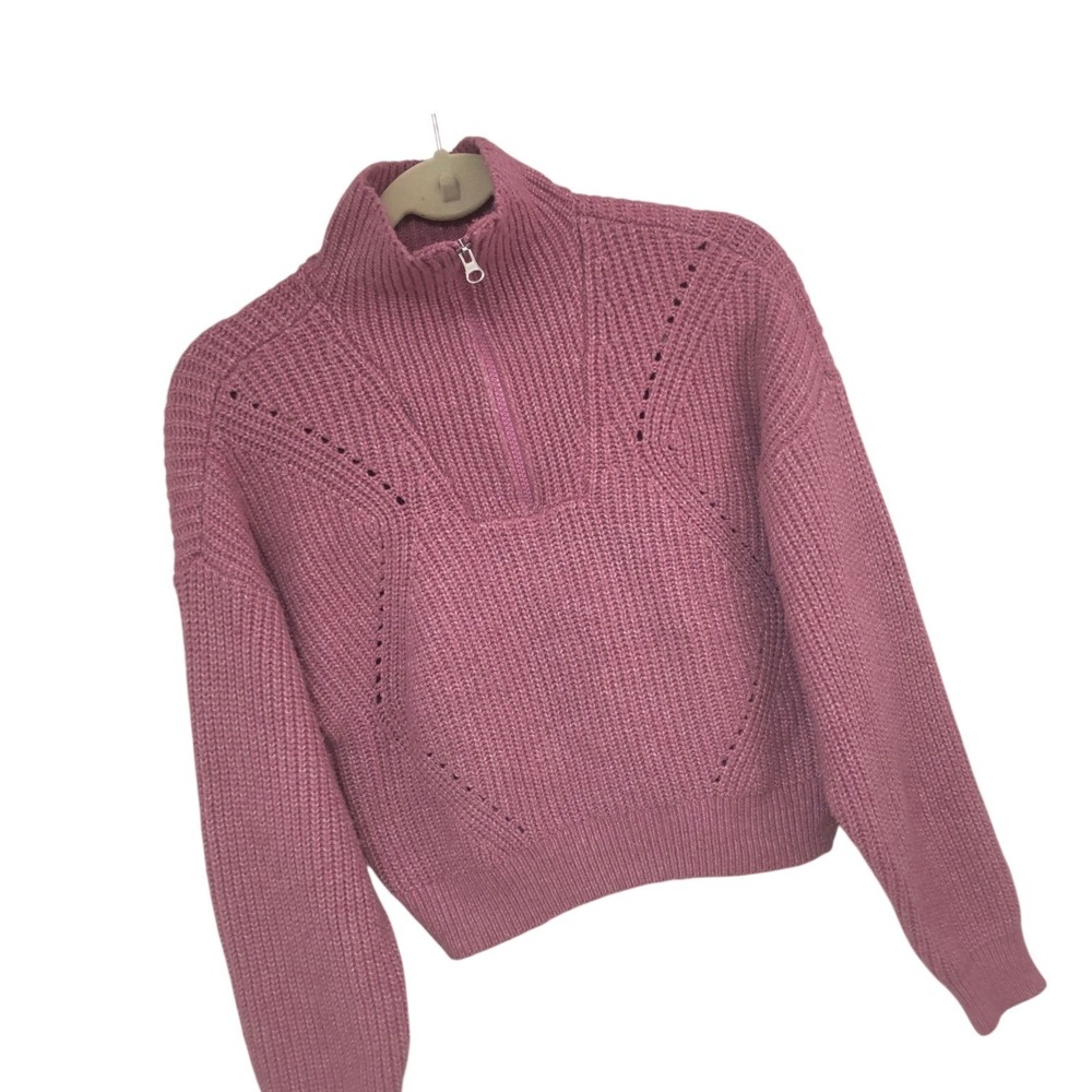 Sugar Moon Mock Funnel Neck Cropped Sweater Chunky Pink Quarter Zip Women M